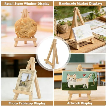 12-Pack 3.93×2.36in(L×W) Mini Wooden Display Easels, Small Natural Wood Tripod Stands for Photos, Cards, and Tiny Canvas Displays