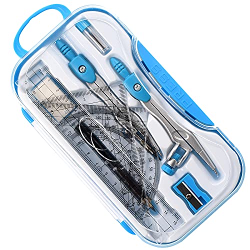 Unjoo Math Geometry Kit Sets 10 Piece Student Supplies with Shatterproof Storage Box,Includes Rulers,Protractor,Compass,Eraser,Pencil Sharpener,Lead Refills,Pencil,for Drafting and Drawings（Blue） - color: Blue