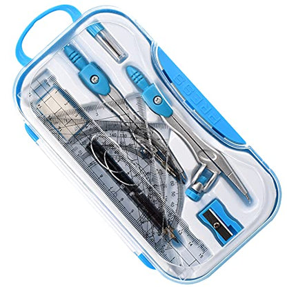 Unjoo Math Geometry Kit Sets 10 Piece Student Supplies with Shatterproof Storage Box,Includes Rulers,Protractor,Compass,Eraser,Pencil Sharpener,Lead Refills,Pencil,for Drafting and Drawings（Blue） - color: Blue
