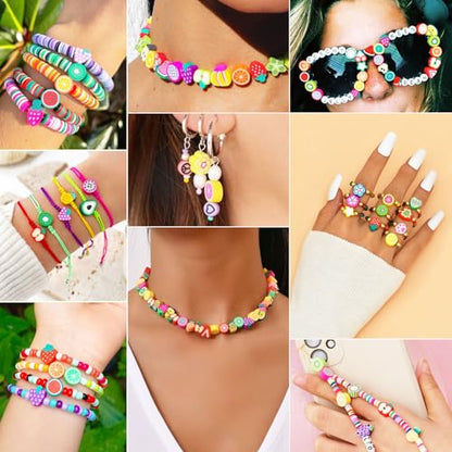 Gionlion Fruit Polymer Clay Beads Bracelet Making Kit, Colorful Clay Beads with Lemon, Strawberry, Avocado, and Watermelon Designs for DIY Jewelry, Bracelet & Necklace Making Crafts - style: Fruit