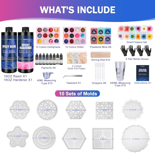KISREL Epoxy Resin Kit for Beginners, 32oz Resin Kit with Coaster Molds, Complete Accessories Include Pigment, Mica Powders, Dried Flowers, Glitter, Measuring Cups and Other Resina Supplie - size: 32oz kit