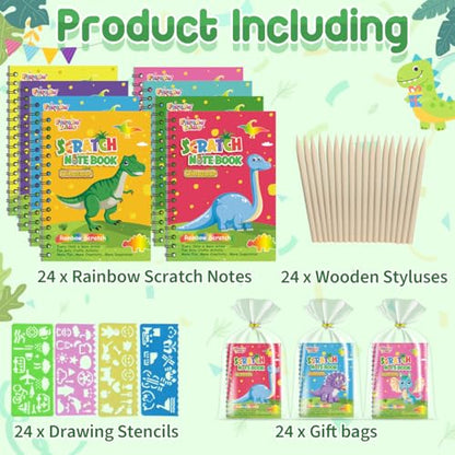 Scratch Art Party Favors for Kids 8-12: 24 Pack Dinosaur Rainbow Scratch Art Notebook, Easter Basket Stuffers, Coloring Books Goodie Bags Stuffers, Classroom Birthday Gifts for Student - style: 24 Pack Dinosaur