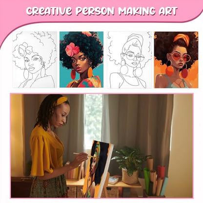 Sherr 75 Pcs 15 Set Pre Drawn Canvas Kit for Painting Craft Sip and Paint Kit for Adults Elegant Black Women Pre Printed Canvas Painting Favor for DIY Black History Month Gifts Adult's Date Party - style: Elegant Lady