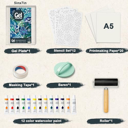 DINGSEN Gel Printing Plate Kit, Complete Printmaking Set with 5” X7” Gel Plate, Brayer, Watercolor Paints, A5 Printmaking Paper, and Essential Tools for Mixed Media Art, Monoprinting, Card Making