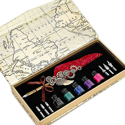 NC Feather Calligraphy Set, Quill Pen Ink Set Includes 5 Bottles of Ink and 6 Replaceable Stainless Steel Nibs, Calligraphy Pen for Writing, Writing Letters, Signing Invitations Etc (Red) - color: Wine Red