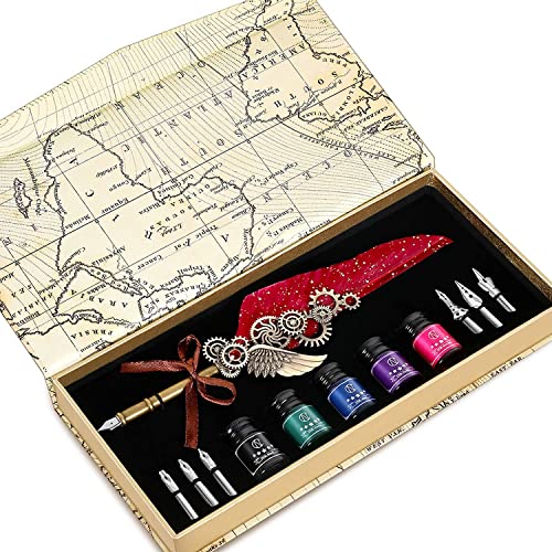 NC Feather Calligraphy Set, Quill Pen Ink Set Includes 5 Bottles of Ink and 6 Replaceable Stainless Steel Nibs, Calligraphy Pen for Writing, Writing Letters, Signing Invitations Etc (Red) - color: Wine Red