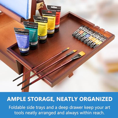 Large Wooden Painting Easel with Storage Drawer and Palettes, H-Frame Studio Easel Stand Holds Canvas up to 36 Inches, Suitable for Adults, Beginners, and Artists, Walnut - style: Walnut