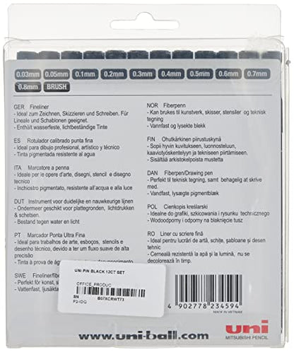 UNI PIN FINELINER DRAWING PEN SET 12 BLACK