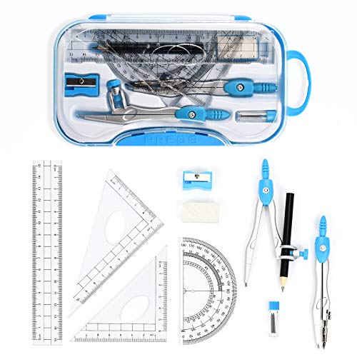 Unjoo Math Geometry Kit Sets 10 Piece Student Supplies with Shatterproof Storage Box,Includes Rulers,Protractor,Compass,Eraser,Pencil Sharpener,Lead Refills,Pencil,for Drafting and Drawings（Blue） - color: Blue