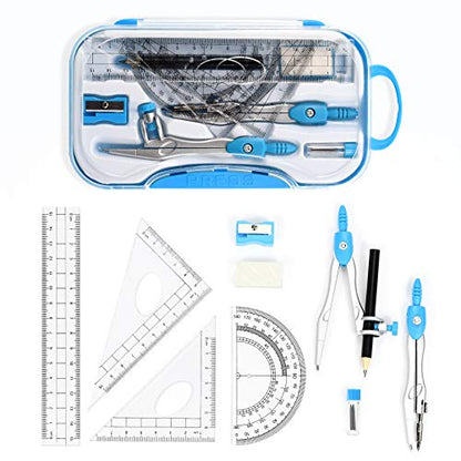 Unjoo Math Geometry Kit Sets 10 Piece Student Supplies with Shatterproof Storage Box,Includes Rulers,Protractor,Compass,Eraser,Pencil Sharpener,Lead Refills,Pencil,for Drafting and Drawings（Blue） - color: Blue