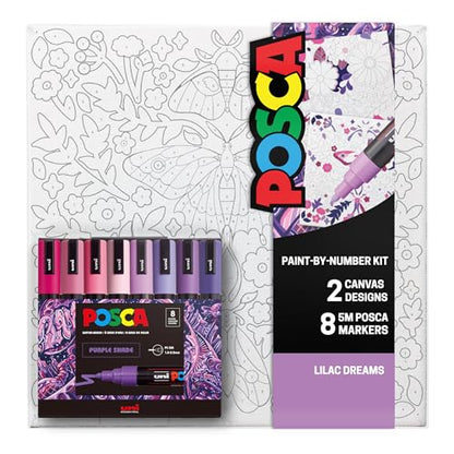 POSCA Canvas Paint by Number Kit, Lilac Dream - 8 Acrylic Markers with 2 Pre-Drawn Canvases - Gift Set for Artists, Adults and Kids - color: Lilac Dream