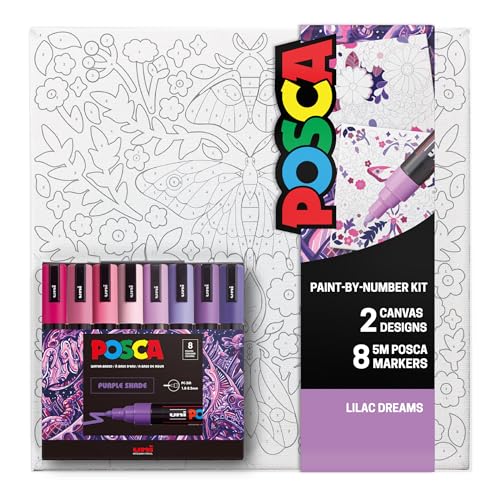 POSCA Canvas Paint by Number Kit, Lilac Dream - 8 Acrylic Markers with 2 Pre-Drawn Canvases - Gift Set for Artists, Adults and Kids - color: Lilac Dream
