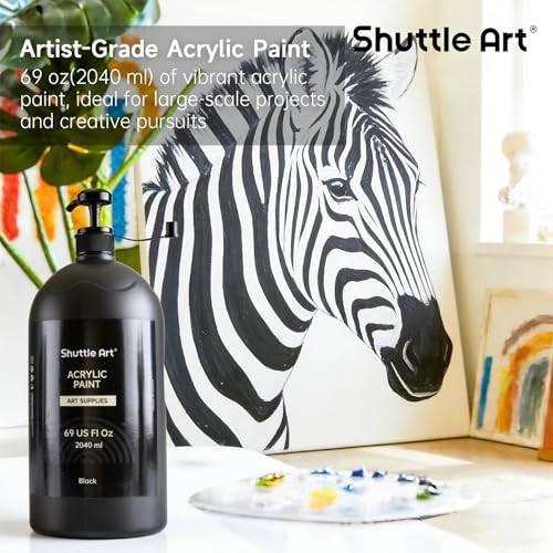 Shuttle Art Black Acrylic Paint, 69oz/2040ml Large Capacity Pump Bottle with Cover, High Coverage True Black, Fast Drying Non-Toxic Art Paint for Artists, Students, Kids & DIY Crafts - color: Black, size: 69 Fl Oz (Pack of 1)