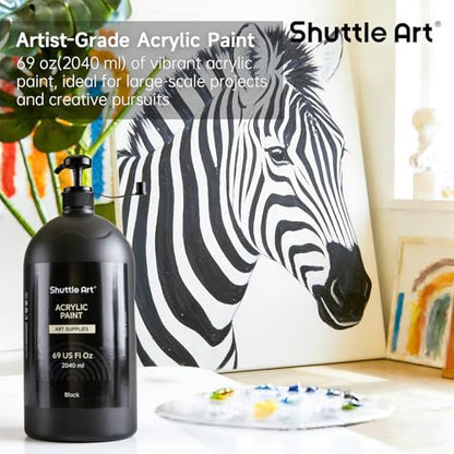 Shuttle Art Black Acrylic Paint, 69oz/2040ml Large Capacity Pump Bottle with Cover, High Coverage True Black, Fast Drying Non-Toxic Art Paint for Artists, Students, Kids & DIY Crafts - color: Black, size: 69 Fl Oz (Pack of 1)