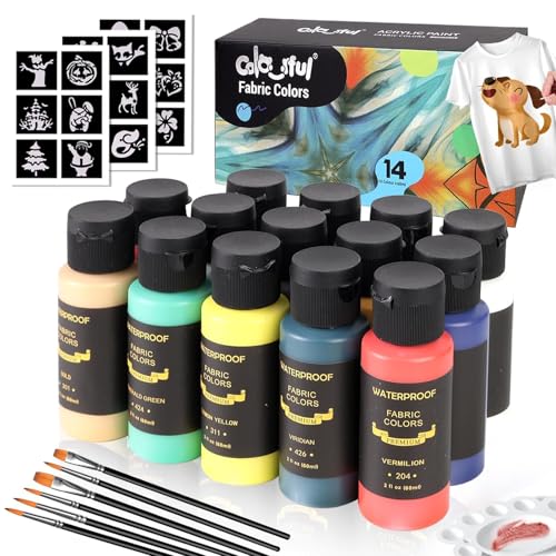 Colorful Fabric Paint Set for Clothes, with 6 Brushes,1 Palette, 14 Colors Permanent Child Safe & Non- Toxic Fabric Paint Kit for T-Shirt, Bags and Cloth Shoes - color: 2 Fl Oz (Pack of 14)