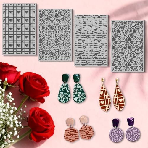 CHGCRAFT 4 Pcs Valentine's Day Love and Heart Polymer Clay Texture Sheet Valentine's Day Rubber Clay Texture Mat for Polymer Clays Making Earrings Jewelry DIY Crafts 3.9x2.6inch - style: Love and Heart