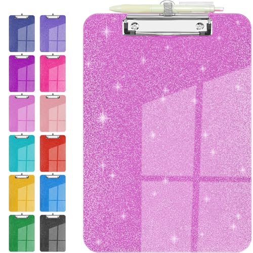Sparkly Clipboard with Pen Holder, Clear Plastic Glitter Clip Board, Hanging Shiny Clipboards with Low Profile Metal Clip, Letter A4 Size for Taecher Women Office School (Rose Pink) - color: Rose Pink