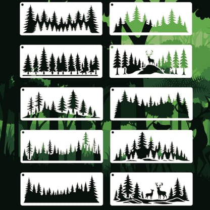 10 Sheets Forest Silhouette Stencils for Painting, 10 Styles Tree Mountain Deer Drawing Template Reusable Art Templates for Painting on Canvas Wood Wall Home Decor - style: Forest Silhouette