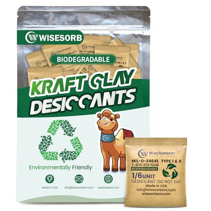 Wisesorb 6G x 60 Pack Kraft Clay Desiccants Packs, Food Safe Bentonite Clay Desiccant - Silica Gel Packets Alternative, Military Grade Moisture Absorbers for Storage Bins, Electronics, Clothes Shoes - size: 60 PACK