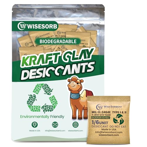 Wisesorb 6G x 60 Pack Kraft Clay Desiccants Packs, Food Safe Bentonite Clay Desiccant - Silica Gel Packets Alternative, Military Grade Moisture Absorbers for Storage Bins, Electronics, Clothes Shoes - size: 60 PACK