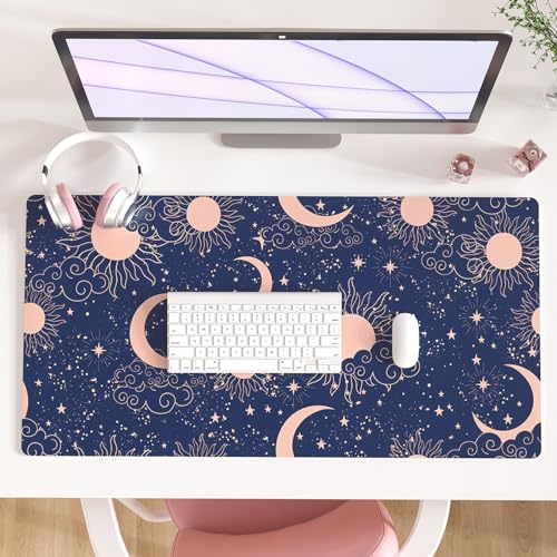 Colorful Star Starry Sky Large Mouse Pad, Celestial Moon and Sun Extended Gaming Mouse Pad Non-Slip Desk Mat, Leather Blue Keyboard Mat for Desktop Gaming Mousepad Accessories 31.5"x15.7" - color: Midnight Blue Sky, size: 31.5L x 15.7W inches