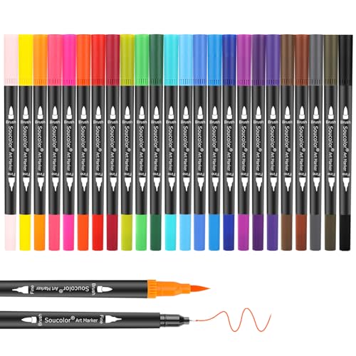 Soucolor Halloween Christmas Gifts for Teen Girls Trendy Stuff, Preppy Stuff for Teen Girls, 24 Colors Dual Tip Brush Markers Pens for Kids Planner Lettering Calligraphy Drawing Preppy School Stuff - color: 24 Colors