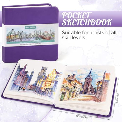 Hardcover Pocket Sketchbook, 5" x 5" Square Mini Sketchbook, 98lb/160gsm Heavyweight Tiny Sketch Book, 80 Sheets Small Travel Drawing Journal for Adults, Artist, Ideal for Gift (Purple) - color: Violet