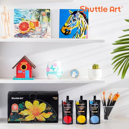 Shuttle Art Acrylic Paint, 18 Colors Acrylic Paint Pouches (120ml/4.06oz), Artist Grade Paint Set, Rich Pigments, Non-Toxic for Artists, Beginners and Kids on Rocks Crafts Canvas Wood Ceramic