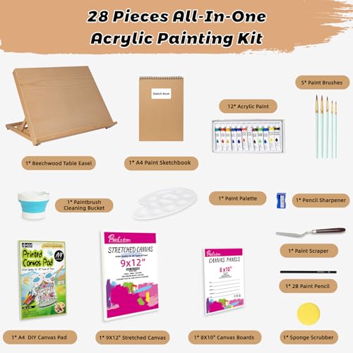28 Pack Tabletop Easel Set,18.5"x12" Adjustable Portable Beechwood Drawing Board with 12 Paints, Canvas, Brushes, Sketchbook & More, Art Supplies for Kids Adults Beginners