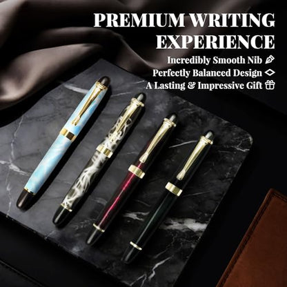 YUNCHUN Marble Fountain Pen for Writing, Refillable Luxury Metal Pens with Ink Pen with 10 Black and 10 Blue Ink Refills, Business Writing Fountain Pen for Men and Women, Marble Black & Red - color: Marble Black & Red