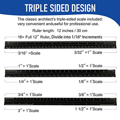 Architectural Scale Ruler for Blueprint, 12'' Metric Metal Engineers Triangle Drafting Ruler with Imperial Measurements for Architects Engineering, Artists, Draftsman Drawing, Laser-Etched Markings