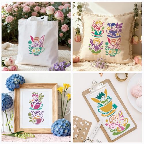 12 Sheets Teacup Fairy Stencils for Painting, 12 Styles Plastic Tea Time Drawing Template Flower Wing Butterfly Art Templates for Painting on Wall Wood Home Decor - style: Teacup Fairy