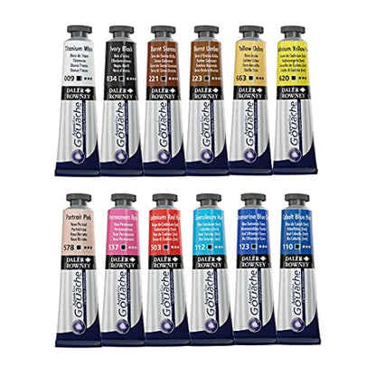Daler-Rowney Aquafine Gouache Paint Introductory Set of 12 Colours x 15ml Tubes, Ideal for Beginner Artists & Students, Water-Based Paint for Canvas and Paper, Opaque Watercolours