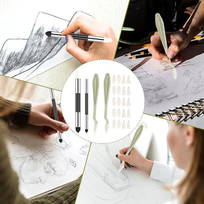 24pcs Artist Blending Stump Sponge Pen, Double Headed Drawing Art Pencil Sketch Scrapers Tools with Sponge Head Washable Sketch Rubbing Sponges for Blending Lightening and Highlight
