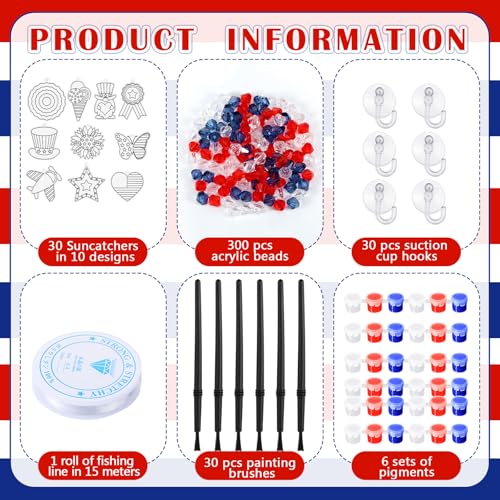 WinnerWhy 30 Sets 4th of July Crafts Bulk, Patriotic 250th Anniversary Stained Glass Sun Catcher Art Kits for Memorial Day Home Party Project Activities Hanging Ornaments - style: 4th of July