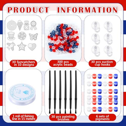 WinnerWhy 30 Sets 4th of July Crafts Bulk, Patriotic 250th Anniversary Stained Glass Sun Catcher Art Kits for Memorial Day Home Party Project Activities Hanging Ornaments - style: 4th of July