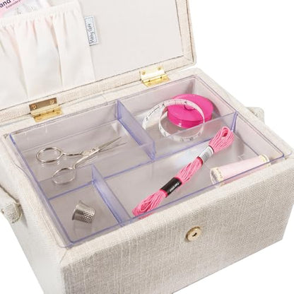 Hobby Gift Medium Sewing Box Organiser, Fabric Covered Storage Box with Handle, Internal Tray, Pin Cushion and Pocket for Sewing, Quilting and Knitting Supplies - color: My Sewing