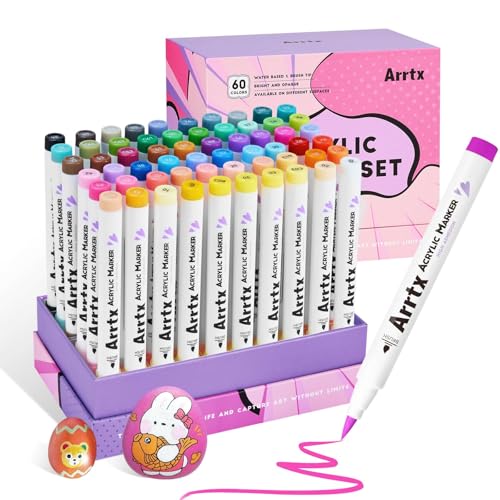 Arrtx Paint Markers Paint Pens 60 Colors, Acrylic Pens for Artists Adults Coloring Drawing Cartoon Anime Comic - Brush Tip for Rock, Wood, Canvas, DIY Crafts Making Art Supplies