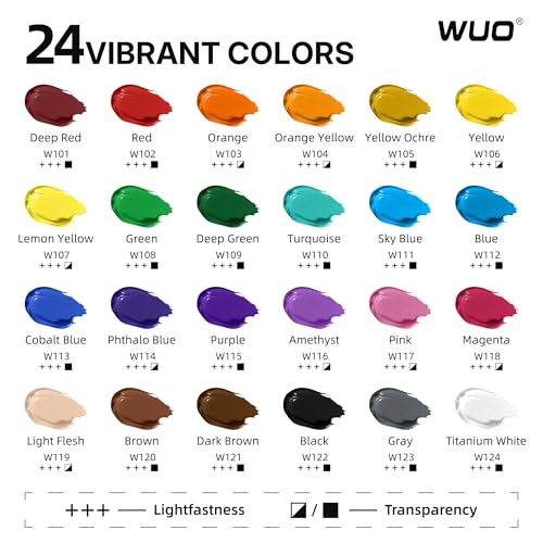 WUO 24 Colors Acrylic Paint Set, 250ml/8.45oz Bottles Acrylic Paint, Professional Large Bulk Rich Pigment, Non-Toxic Multi-Surface Art Supplies for Artists Beginners Adults on Canvas Wood Rock Crafts - color: 24 Colors