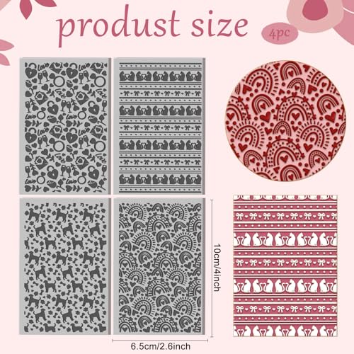 CHGCRAFT 4 Sheets Cat Clay Texture Mat Love Heart Pattern Polymer Clay Texture Sheets Valentine's Day DIY Tools for Pottery Earring Jewelry Making Stamp Engraving Machines, 3.9x2.6inch - style: Valentine's Day