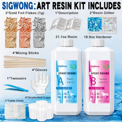 SigWong Epoxy Resin 40OZ - Crystal Clear Coating Kit, Easy Mix 1:1 Ratio, Bubble Free & Anti-Yellowing, Self Leveling, 2 Part Casting Epoxy Resin for Art Crafts, Jewelry Making, River Tables - size: 40OZ