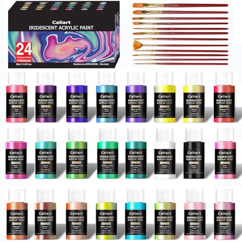 Caliart 24 Chameleon Colors Iridescent Acrylic Paint Set with 12 Brushes ﻿ | Craft Painting kit for Adults Artists Beginners, Rich Pigment Non-toxic, Canvas Wood Rock Pumpkin Ceramic Art Supplies Paint - color: Iridescent, size: 2 Fl Oz (Pack of 24)