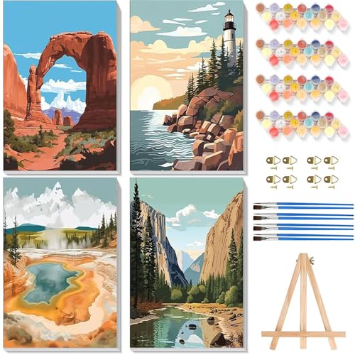 4 Pack Paint by Numbers for Adults with Framed Canvas - with Wooden Easel, National Park Paint by Number on Canvas, DIY Landscape Acrylic Oil Painting Kits with Brushes for Home Wall Decor (8x12 inch) - color: BKH1300+BKH1301+BKH1302+BKH1303