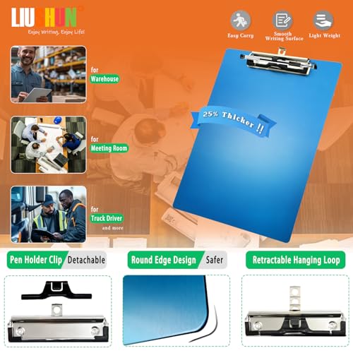 Aluminum Metal Clipboard Stainless Hangable Pen Holder Low-Profile Clip Board Size A4 9" x 12.6" with Sticky Note for School Office Business Medical Professionals Workshop Factory (Blue, Aluminum-A4) - style: Blue