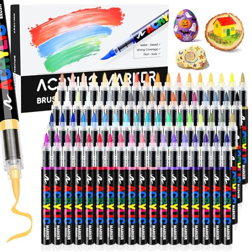 72 Colors Acrylic Paint Markers, Colored Paint Pens Brush Tip with Direct-Liquid Ink Control System, Water-Based Coloring Markers Set for Pumpkin Decorating Kit, Rock, Fabric, Wood, Wood, Art Supplies - color: 72 Colors