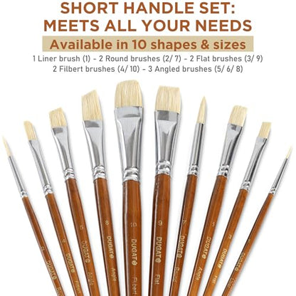 DUGATO Short Handle Artist Paint Brush Set, 10-Piece Hog Hair Bristle | Strong Paint Pickup for Acrylic & Oil Painting, Comfortable Wood Handle, Kids & Adults - color: Brown