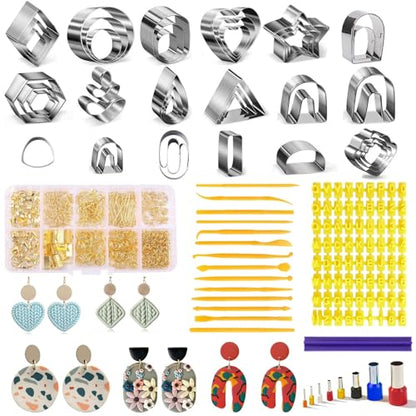 Fesorsi 772 Pcs Clay Earring Making Kit, 39 Polymer Clay Molds Stainless Steel, Polymer Clay Tools with 8 Circle Cutters, 1 Clay Letter Stamps and 710 Pcs Earring Accessories for DIY Jewelry - color: Steel 39 Shapes
