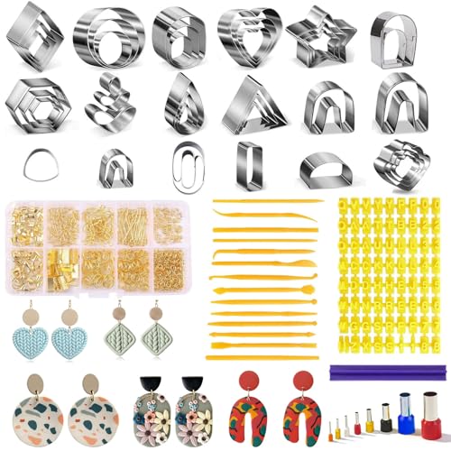 Fesorsi 772 Pcs Clay Earring Making Kit, 39 Polymer Clay Molds Stainless Steel, Polymer Clay Tools with 8 Circle Cutters, 1 Clay Letter Stamps and 710 Pcs Earring Accessories for DIY Jewelry - color: Steel 39 Shapes