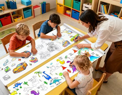 2-Pack Boys Coloring Paper Roll, 1 Dinosaur World + 1 Vehicle Adventure, 116"x11.6" Giant Drawing Paper, Reusable Mess-Free Art Paper Set for Toddler Boys Ages 3-8, Best Birthday Gift & Tablecloth - color: C8