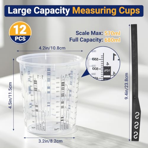 Gartful 12 Pack 19oz Clear Plastic Measuring Cups with 12 Stir Sticks, Disposable Graduated Mixing Cups with ml Scale & 3-Column Paint/Hardener/Thinner Mixing Ratios (1:1-7:1) for Epoxy Resin, Paint - size: 19oz / 570ml - 12 Set